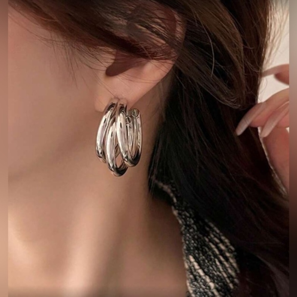 ✨NEW Silver tone Triple Hoop Hypoallergenic Statement Earrings